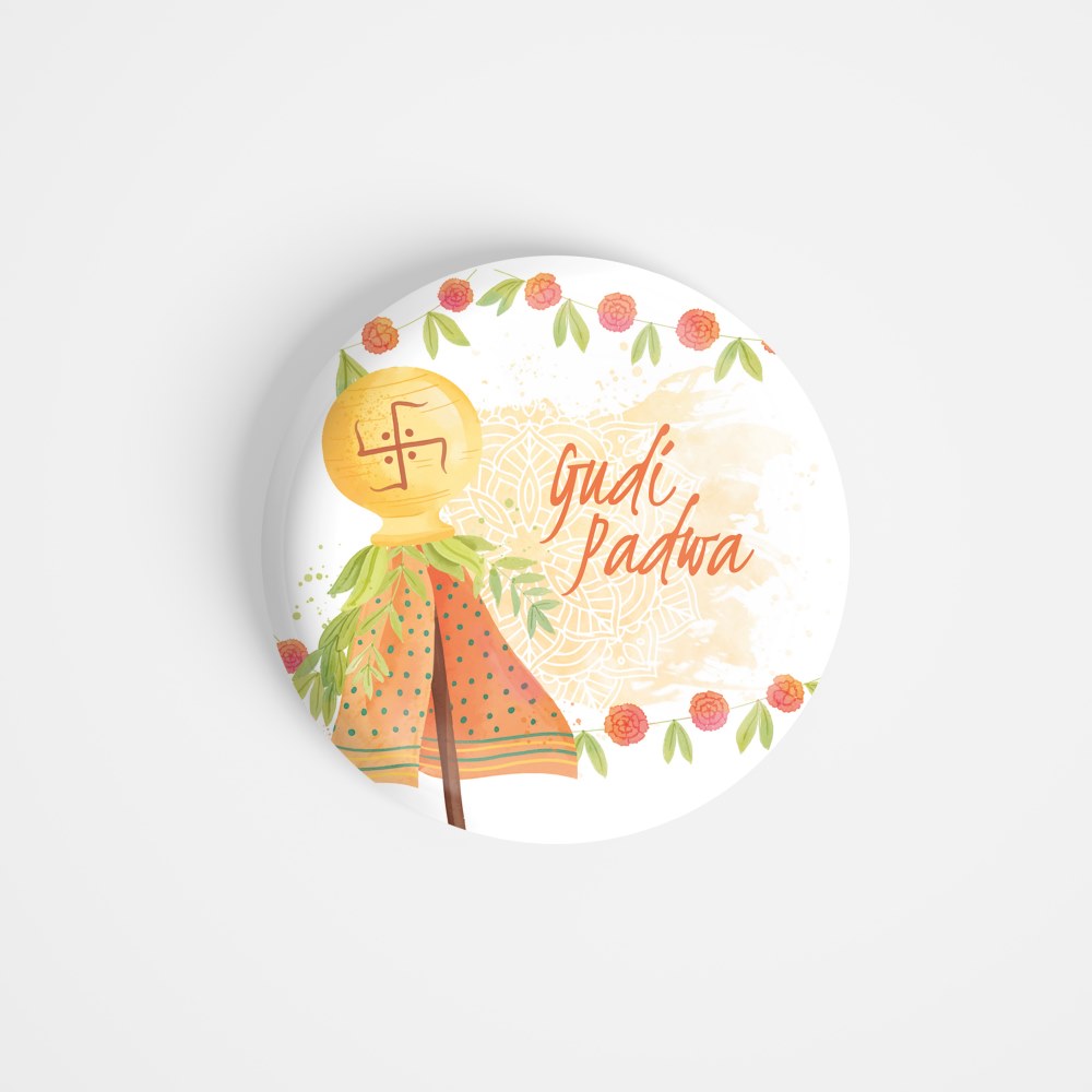 dhcrafts Round Fridge Magnet White Gudi Padwa D7 Glossy Finish Design Pack of 1 (58 mm)